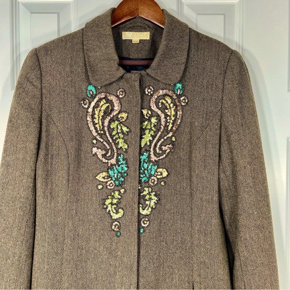 OXMO Sequin embellished brown women’s wool blend trench coat. Size: L